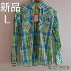 【新品】 緑・青 チェック柄 長袖ネルシャツ フード取り外し可 メンズ Ｌ