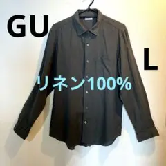 GU リネン100%長袖シャツ　麻　L オリーブ　カーキ　春夏秋　羽織り　男女