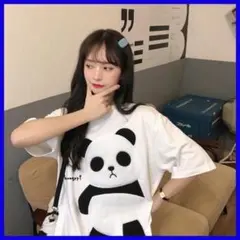 Tシャツ ビッグシルエット 半袖 トップス カットソー パンダ 白 L