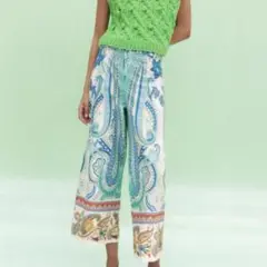 【美品】ZARAザラ ワイドパンツ リゾート ボヘミアン ペイズリー ブルーXS