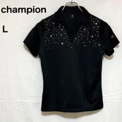 Champion チャンピオン ポロシャツ 黒 星プリント ラメ Tシャツ L