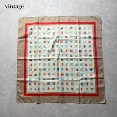 vintage レトロポップ柄スカーフ 手書き風 ベージュ ポリエステル