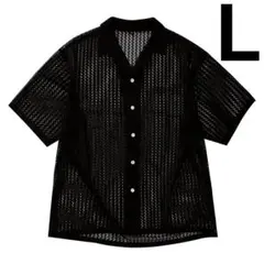 ★新品★ストライプレースオープンカラー半袖シャツ サイズＬ ブラック