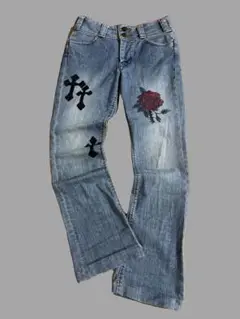 【一点物】オリジナルパンツ　ジーパン　デザイン　リメイク　ドクロ　十字架　薔薇