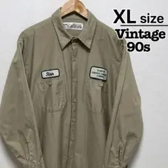 US古着　90s　ワークシャツ　長袖　XL　ベージュ　ワッペン　UniFirst