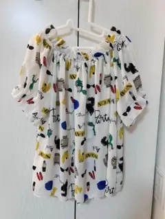 カラフルパターンプリントバルーン袖ブラウス