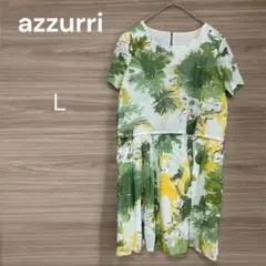 azzurri【Ｌ】 半袖　膝丈ワンピース　水彩画風　ボタニカル柄