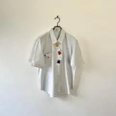 古着 日本製 刺繍デザインシャツ 半袖 アシンメトリー レトロ 綿 コットン M