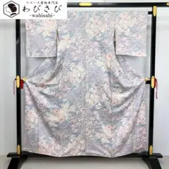 K-2642 小紋 四季の花々に鳥 牡丹 菊 桜 紅葉 薄藤色 しつけ糸