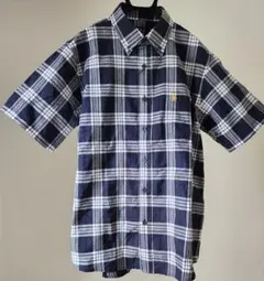 POLO チェック柄 半袖シャツ 紺／白　カイタックファミリー メンズ Lサイズ