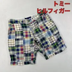 【トミーヒルフィガー】パッチワークハーフパンツ　マルチカラー　ロゴ刺繍　30
