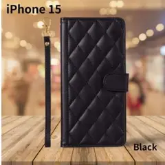 iPhone15 手帳型ケース 黒 キルティング