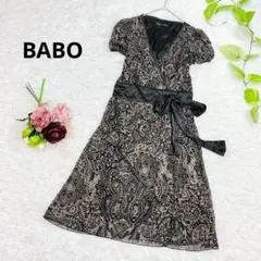 BABO ボタニカル柄　半袖　レトロ　ワンピース　膝丈　リボン付　M ブラウン
