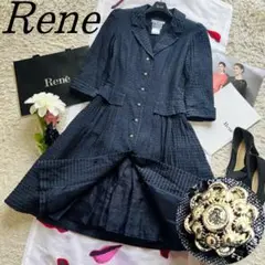 【良品】Rene コートワンピース 膝丈 フレア ネイビー 襟 チュール 34