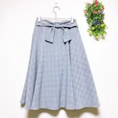 チェック柄リボン膝丈フレアスカート ウエストゴム フェミニン 女っぽ 婚活デート