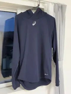 ASICS ネイビー ハイネックフード付きパーカー