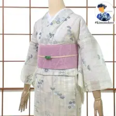 夏着物 洗える着物 楊柳 綿ポリ 松竹梅 淡いクリーム A-2402
