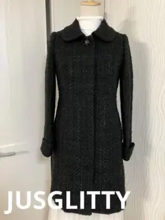 JUSGLITTY ビジュー付きラメリボン漆黒モザイクコート