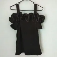 サテンフリル オフショルダートップス　黒