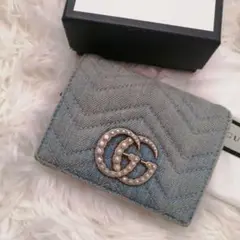 格安!日本限定✨グッチ 二つ折り財布 GG パール デニム ブルー キルティング