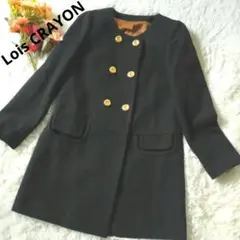 美品ロイスクレヨンLoisCRAYON ノーカラー Aライン 金ボタンコート 黒