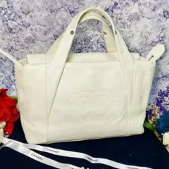 【美品】シャネル シェブロン Vステッチ ココマーク レザー ハンドバッグ 白