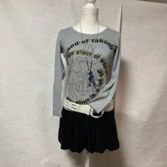 平成ギャルy2kピチTグレー 長袖 Tシャツ 英字プリント刺繍デザイン