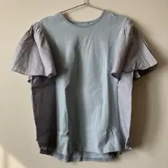 フレアスリーブ ブルー グレー Tシャツ リネン半袖