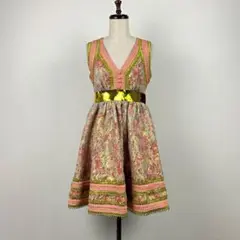 美品 マヌーシュ Vネック フレアドレスワンピース ピンク 36*CB118