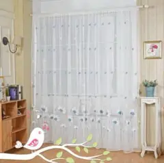 レースカーテン　2枚セット　100×200　青　花柄　レース