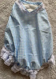 ハンドメイド犬服　ワンピース　バルーン水色チェック柄ペット服（