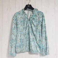 △half point ハーフポイント△フリルカットソー　水色　花柄　シフォン