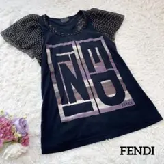 美品 FENDI ビッグロゴ プリント 袖シフォン Tシャツ ブラック 40