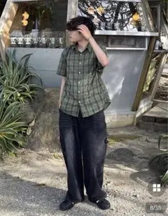 グリーン系チェック 半袖シャツ 短丈 サーフ