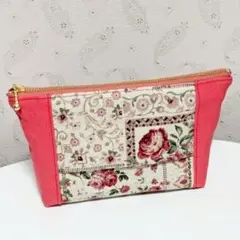 コーラルピンクとオールドローズ　ティッシュケース ポーチ　ハンドメイド