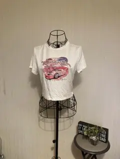 ピンク車プリント　y2k クロップド丈　ヘソ出しTシャツ　平成ギャル
