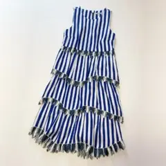 美品 ジュンコシマダ シルク混ストライプフリルワンピース ブルー×ホワイト 38