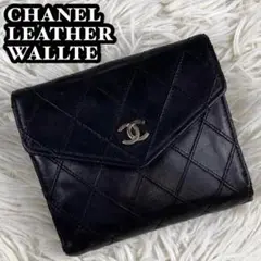 美品 CHANEL レザー 折り財布 マトラッセ ココマーク Wホック ブラック