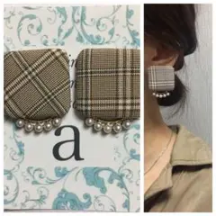 1112 2way☺︎スクエア型グレンチェックのピアス×5連パールゴールド☺︎