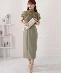 Lace Ladies パフスリーブレースドッキングワンピース グレージュ L