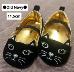 美品●Old Navy● フォーマル.バレエシューズ 黒ネコ顔刺繍１１.5cm