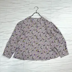 ノーカラーブラウス 花柄 パープル系 前開き レトロ古着