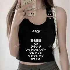 Y2K グランジ フックショルダー クロップド タンクトップ ブラック 韓国 S