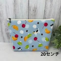 マチあり20センチファスナーポーチ　ネコとあんみつ　水色ハンドメイドマルチポーチ