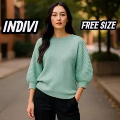【美品】INDIVI インディビィリブニット コットン混 7分袖　ライトグリーン