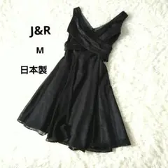 J&R 黒 ノースリーブサテンフレアワンピース 　ウエストリボン　M キャバドレ