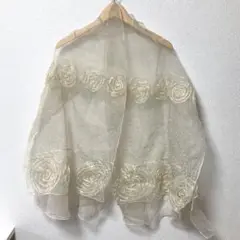 【美品】オーガンジードレスストール ビーズ 薔薇 ベージュ シースルー