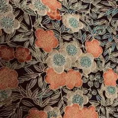 正絹鬼ちりめん　約35×75 黒に橙オレンジ黄色　花柄葉　梅　鬼シボ
