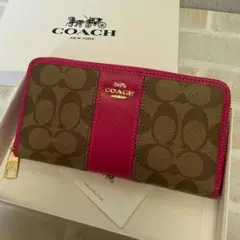 新品未使用 カーキ×ピンク 長財布 コーチ PVC×レザー
