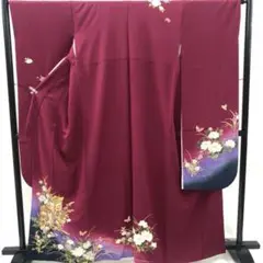 BY1625 振袖 御所車 牡丹 アジサイ 撫子 蝶 ワイン色 襦袢付き